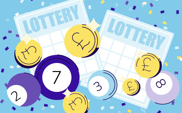 Graphic of two lottery cards and some lottery balls